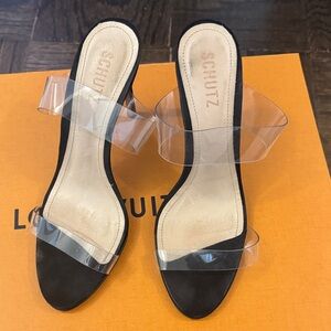 SCHUTZ Black Slide Sandals with Clear Straps